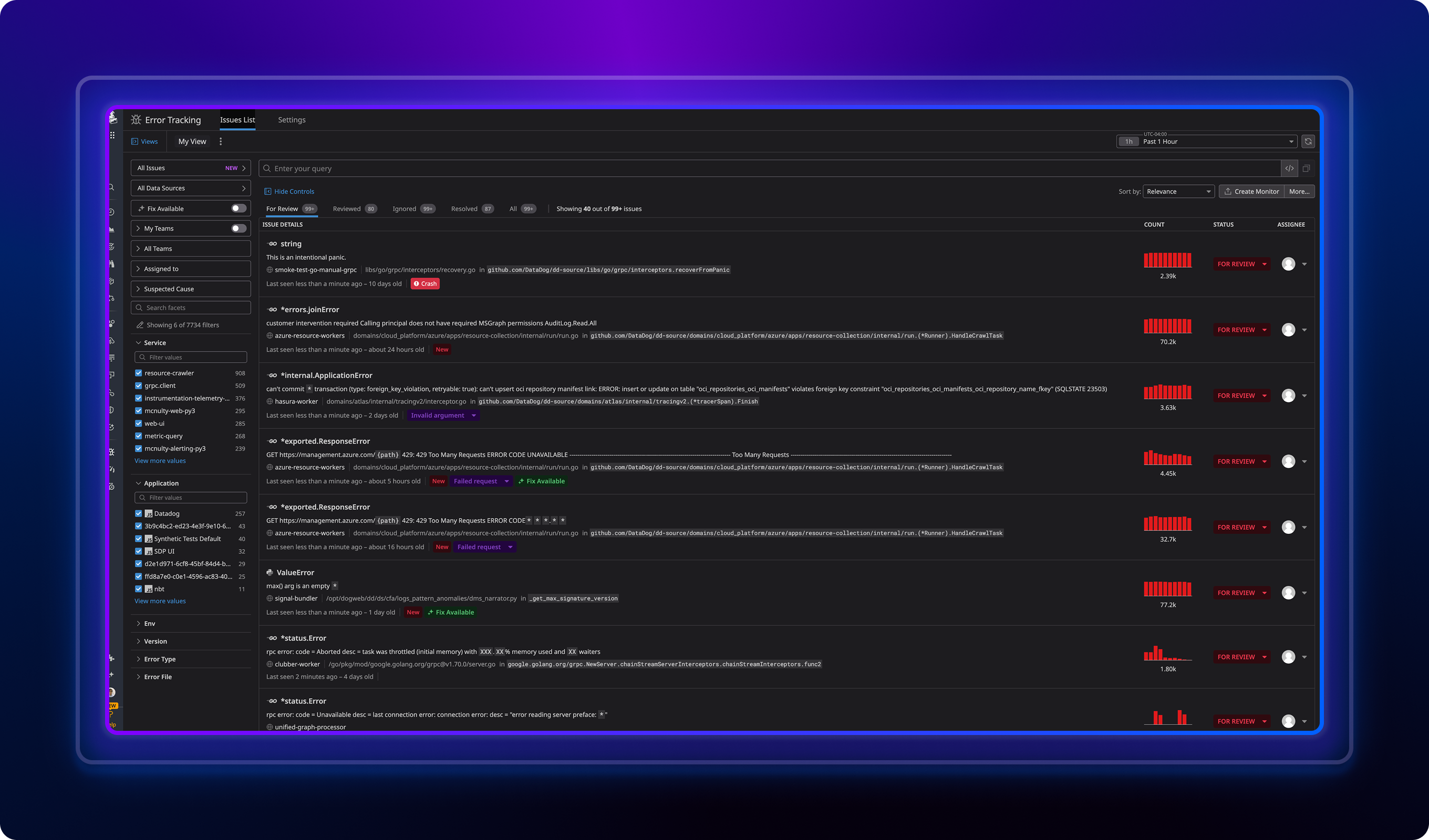 Datadog Error Tracking Dashboard