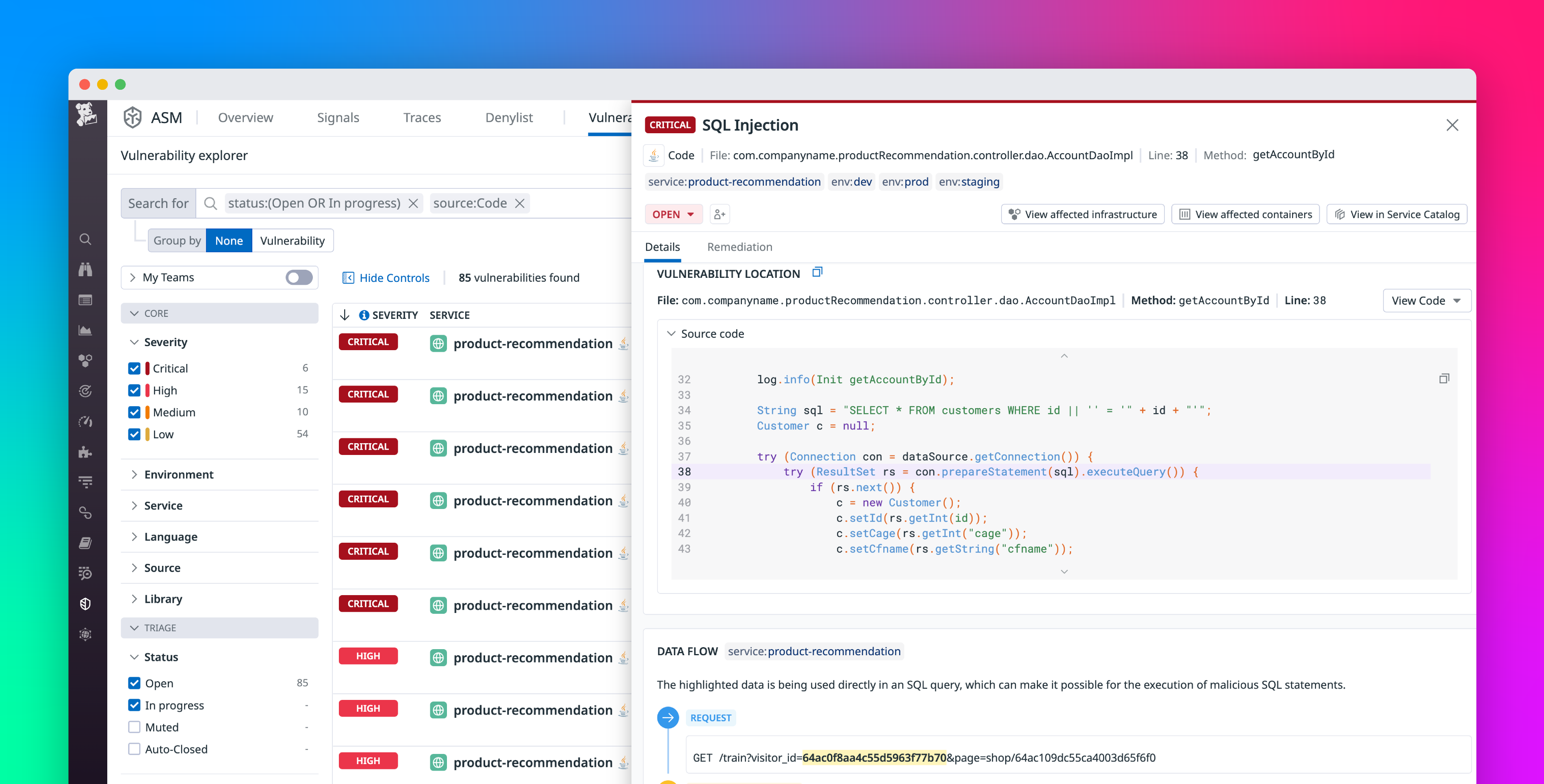 Find vulnerabilities in your code with Datadog Code Security