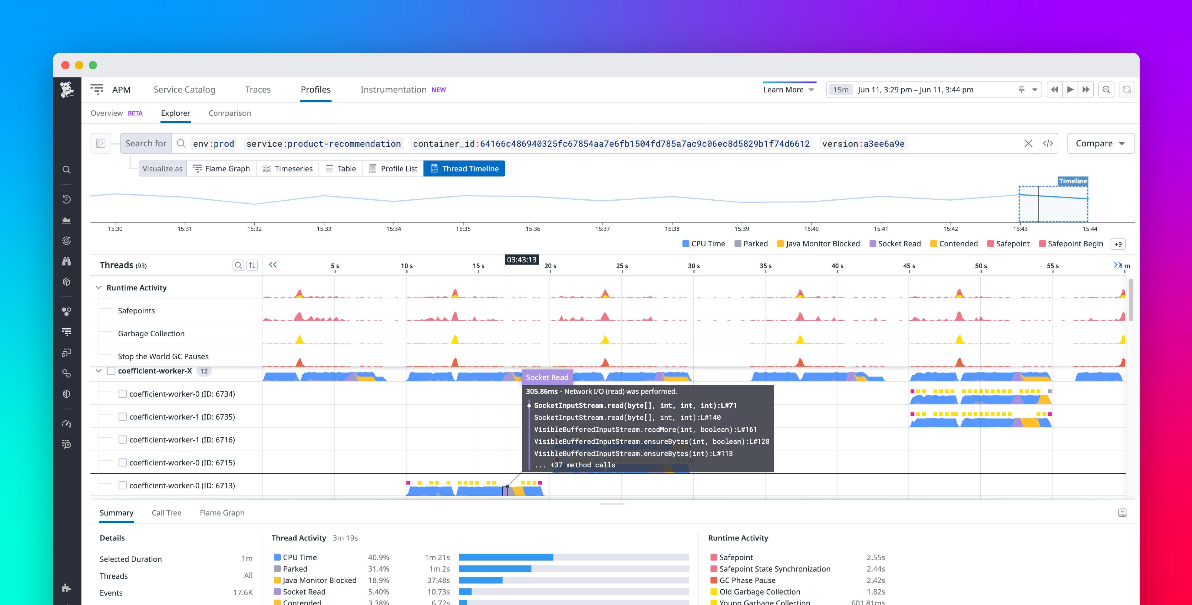 Diagnose runtime and code inefficiencies in production by using Continuous Profiler's timeline view