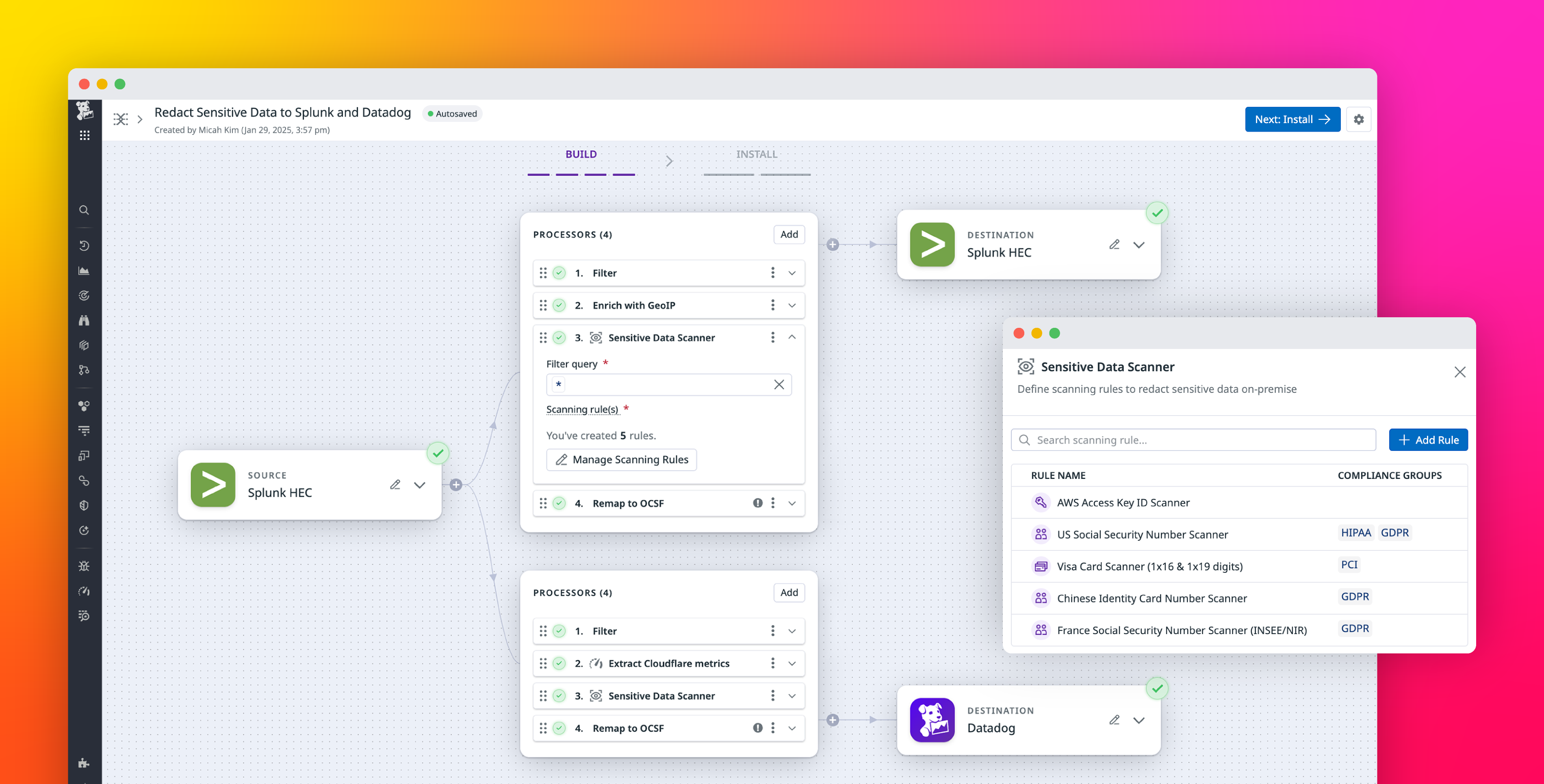 Redact sensitive data from your logs on-prem by using Observability Pipelines