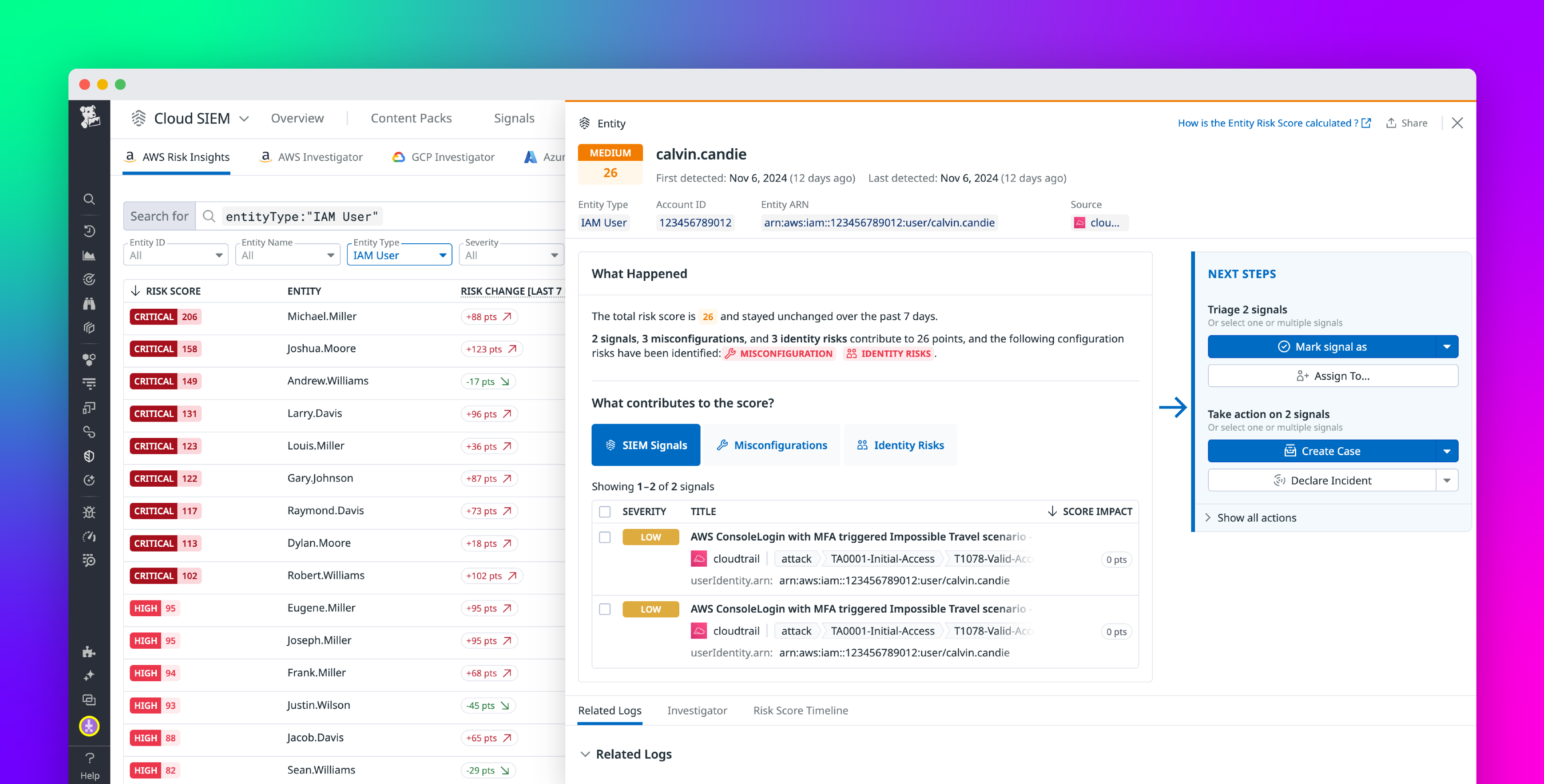 Accelerate investigations with Datadog Cloud SIEM Risk Insights for AWS and GCP entities