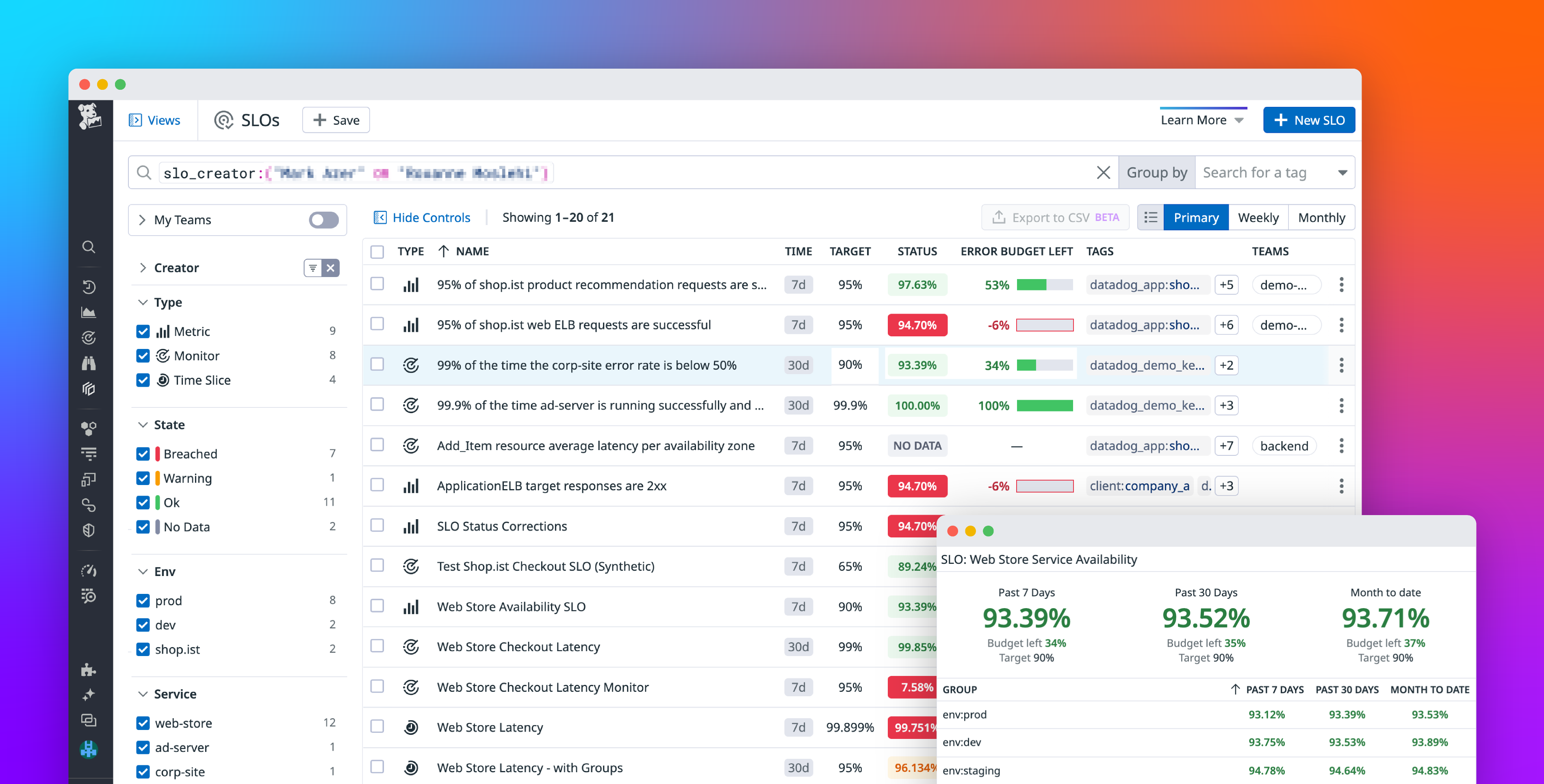 Track the status of all your SLOs in Datadog