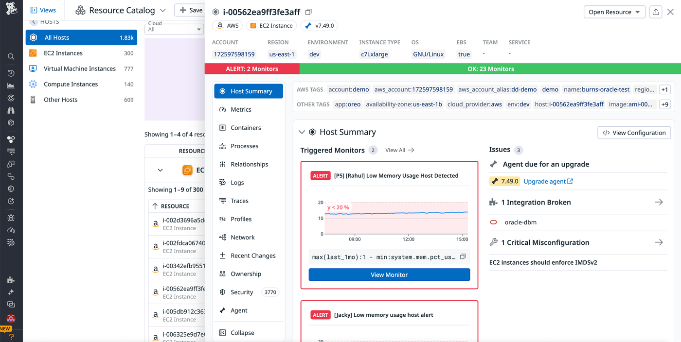 클라우드 호스트의 알림 2개와 미해결 문제 3개를 보여주는 Datadog Resource Catalog 화면
