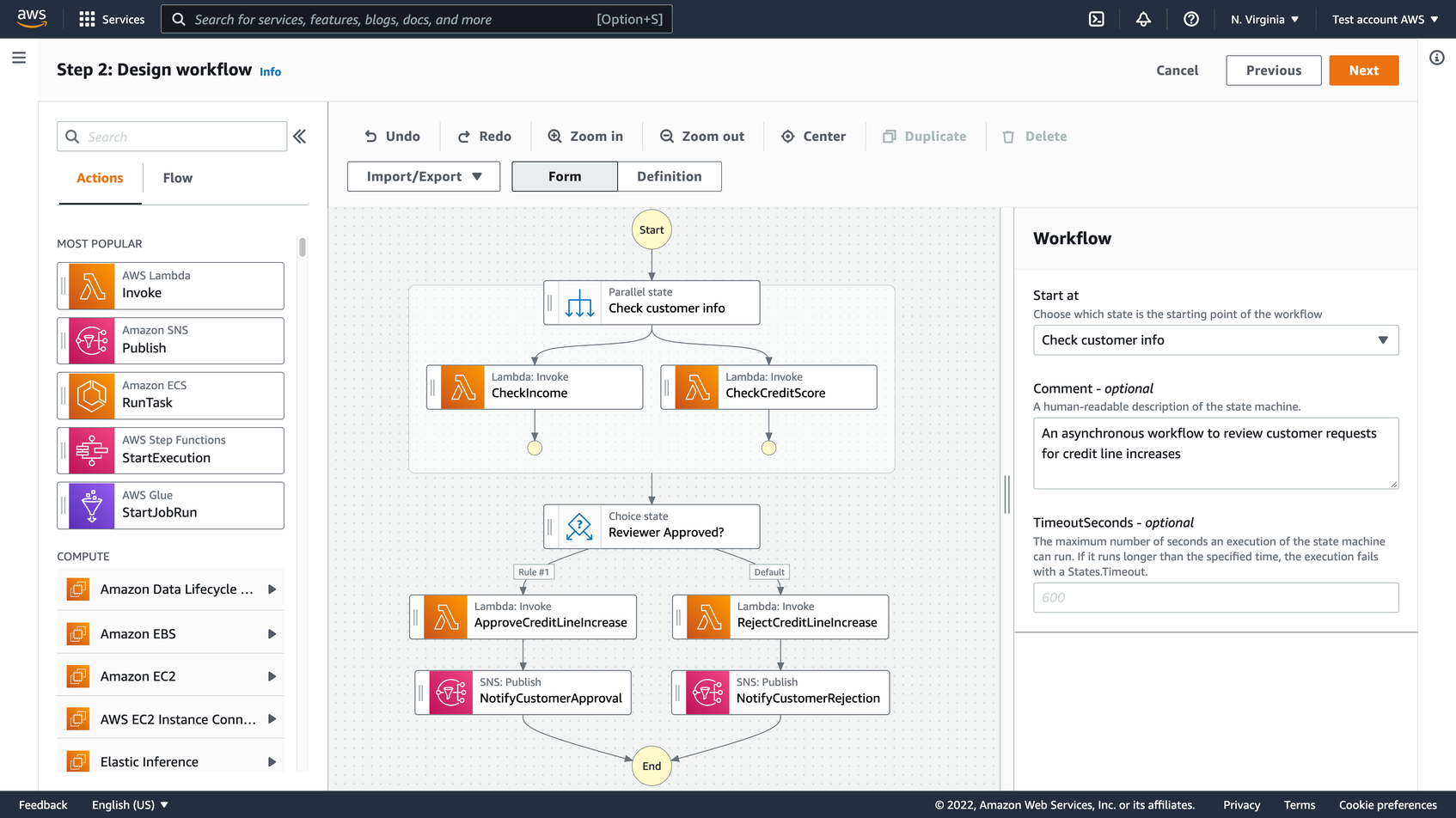 Sample Step Functions workflow for a credit line increase request requiring human approval.