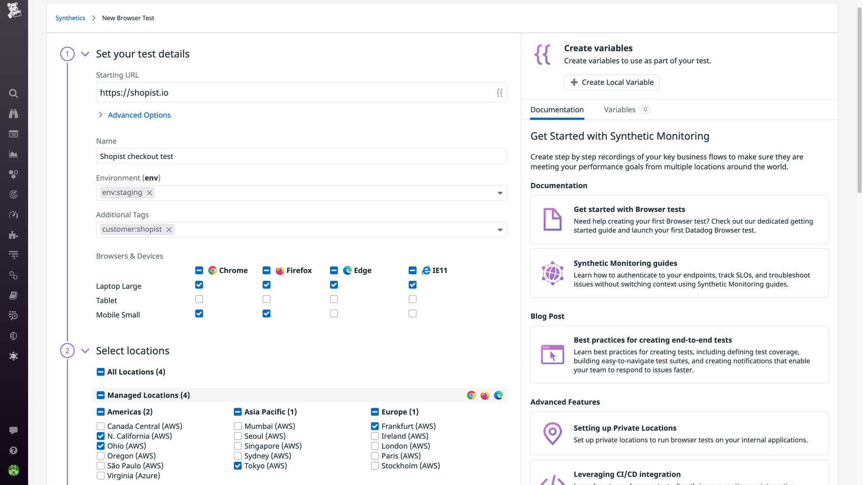 Datadog’s code-free cross browser tests allow you to test a variety of user journeys at scale.