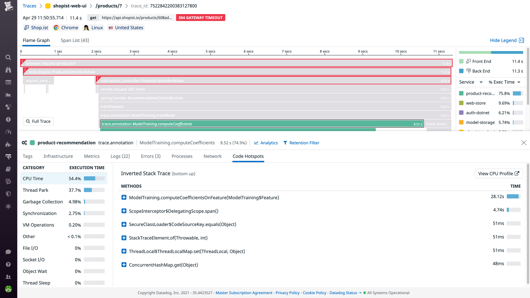 Datadog flame graphs include contextual information, such as code hotspots, to facilitate troubleshooting.