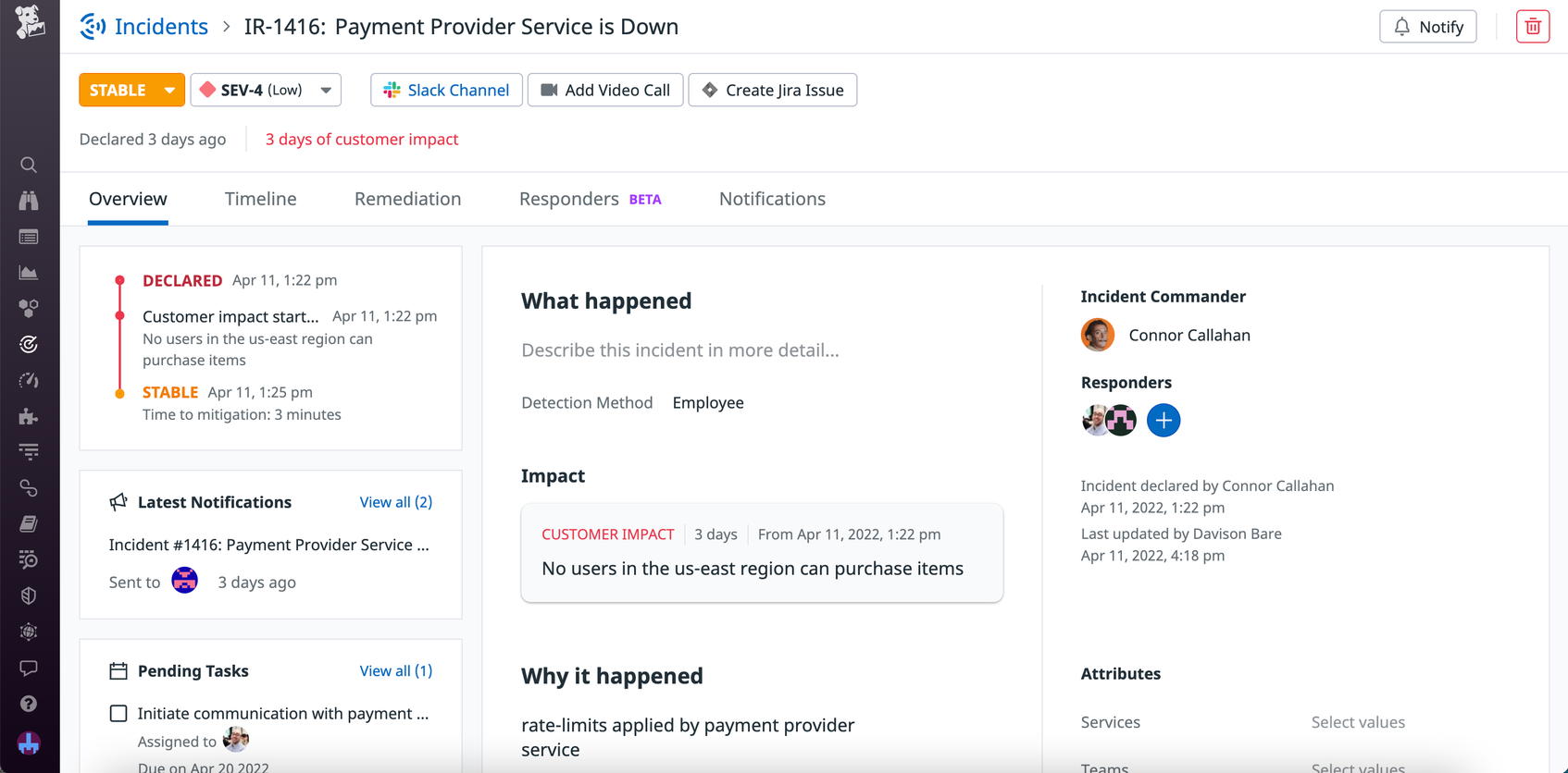 Overview of an incident page for a payment provider issue, with details such as the incident description, impact, and commander displayed.