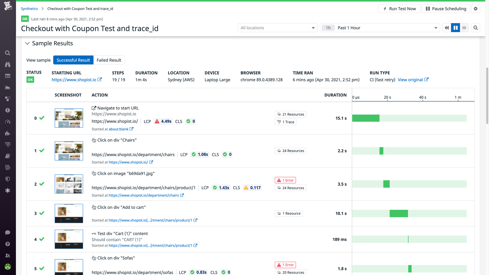 Datadog synthetic tests show you the end user’s perspective with screenshots of each recorded step