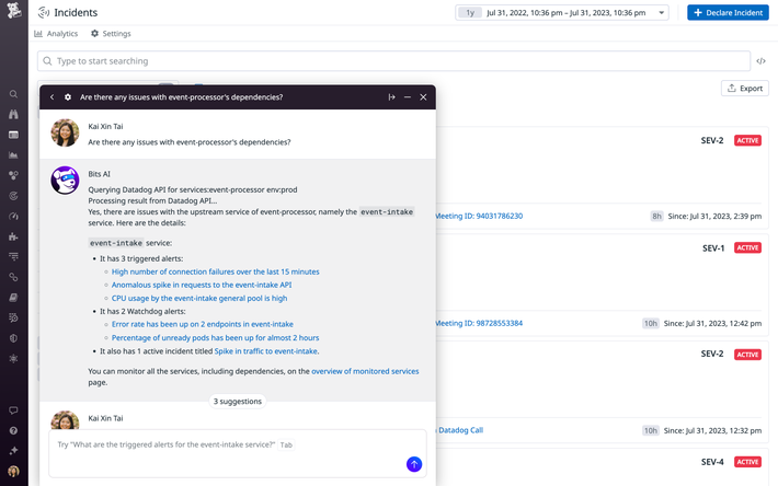 Bits AIは、会話プロンプトからオブザーバビリティ・データ、インシデント、トリガーされたアラート、その他の進行中の問題を表面化します Bits AIは、会話プロンプトからオブザーバビリティ・データ、インシデント、トリガーされたアラート、その他の進行中の問題を表面化します