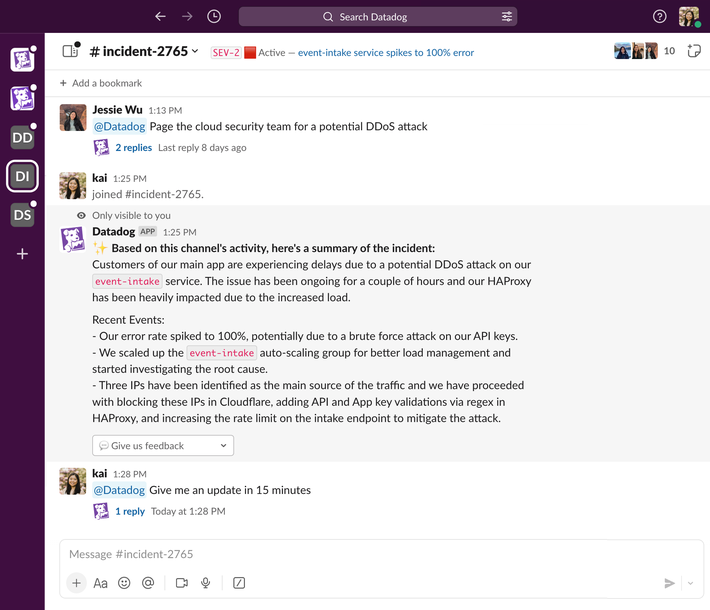Bits AIは、サマリーの生成、インシデントの重大度の校正、事後分析の起草など、インシデント管理を支援します