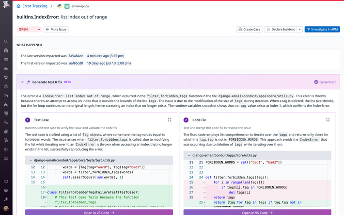 Datadog Error Trackingは、AIが生成するコード修正案とテストケースを備え、エンジニアのデバッグを迅速化できます Datadog Error Trackingは、AIが生成するコード修正案とテストケースを備え、エンジニアのデバッグを迅速化できます