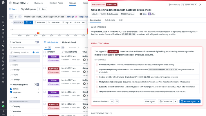 Automate threat investigations with agentic AI Cloud SIEM side panel showing Bits AI investigation of a suspicious Okta phishing signal with key evidence and recommended actions