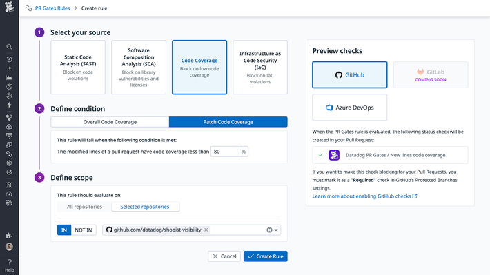 Enforce consistent testing standards with automated PR quality gates Pull request quality gate configuration showing code coverage rules and settings