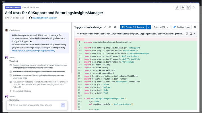 Improve test reliability with context-driven insights Code coverage insights showing test suggestions and AI-powered improvements