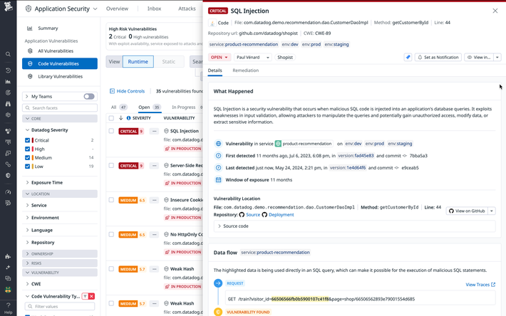 A SQL Injection vulnerability that was found in production code during runtime
