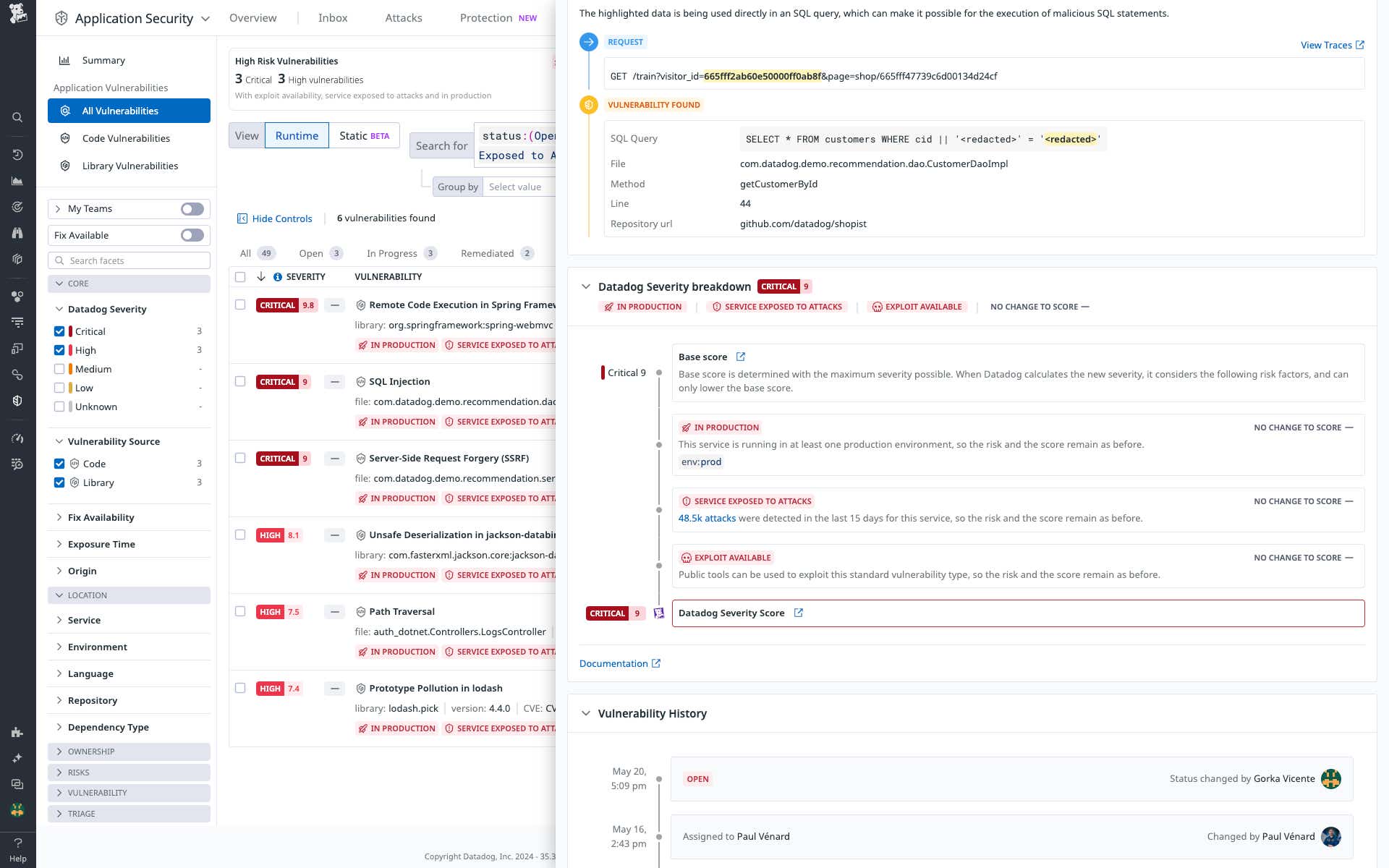 Datadog の重大度スコアは、観測可能なコンテキストを使用して、重要なリスクのみに焦点を当てることができます