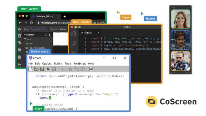 複数ユーザーでシームレスに画面共有 共有された 3 つの画面に、共有元のユーザー名がラベルで表示されている様子
