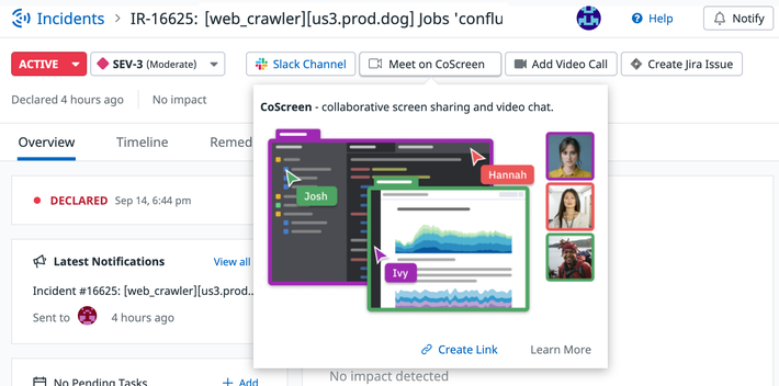 Datadog Incident Management のインシデント内にある CoScreen ボタンとポップアップ