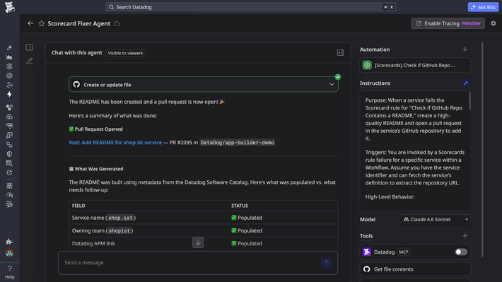 Build custom AI agents that investigate, decide, and act on your behalf, all from within Datadog.