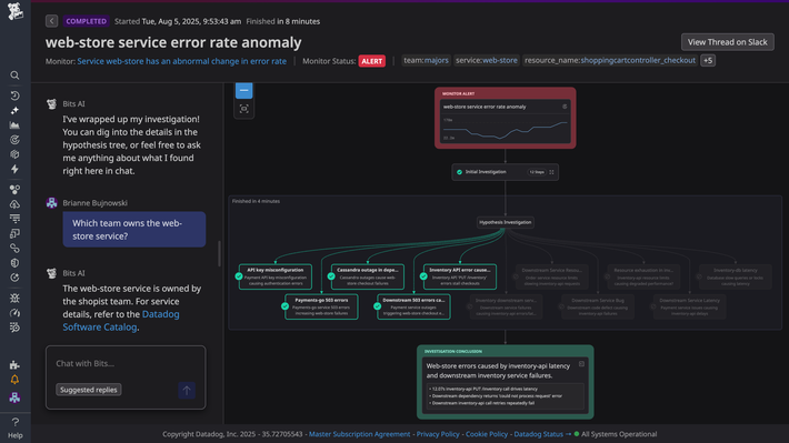 Help SREs, developers, and security teams move from signal to resolution faster with AI Agents that surface context, accelerate triage, and support remediation across your stack.