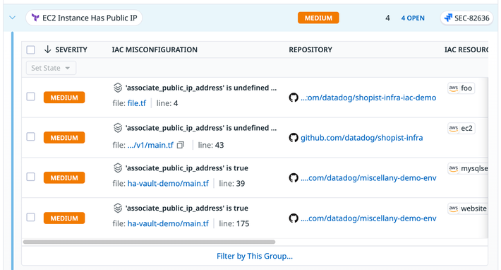 Identify cloud configuration risks before they’re deployed Screenshot of app showing identified security threats
