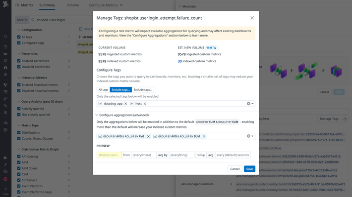 포괄적인 거버넌스 도구를 통해 비용과 커버리지 최적화 Metrics without Limits™를 사용해 태그와 집계 구성을 세분화하여 인덱싱되는 커스텀 메트릭 볼륨 절감