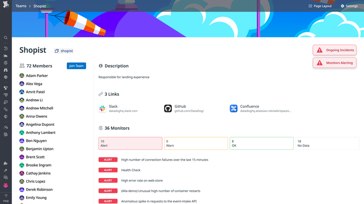 모두가 참여할 수 있는 하나의 플랫폼에서 효율적인 협업 실현 Datadog Teams 페이지에는 관련 자산, 서비스, 모니터, 인시던트, 링크가 표시됩니다.