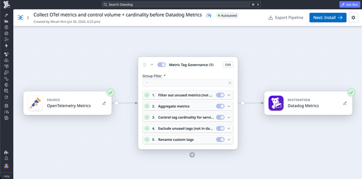 Route metrics from OpenTelemetry through pipeline infrastructure