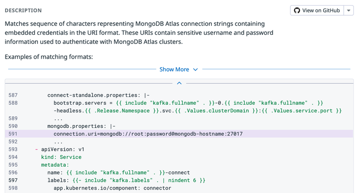 Screenshot of app showing Datadog Secret Scanning Code Security product
