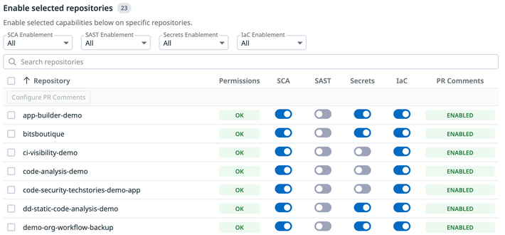 Screenshot of app showing Datadog Secret Scanning Code Security product