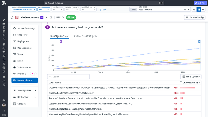 Quickly uncover the root cause of memory leaks and OOM crashes Memory Leaks view showing a rising Live Objects Count graph and a table of object classes sorted by growth rate
