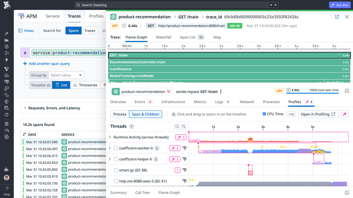 Resolve production performance issues quickly with always-on, code-level visibility APM trace detail showing the Profiles tab with thread-level CPU activity correlated to an active span
