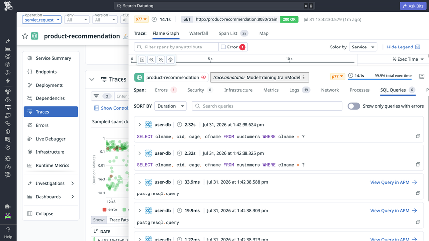 Datadog APM connects distributed traces to the exact database queries behind them.