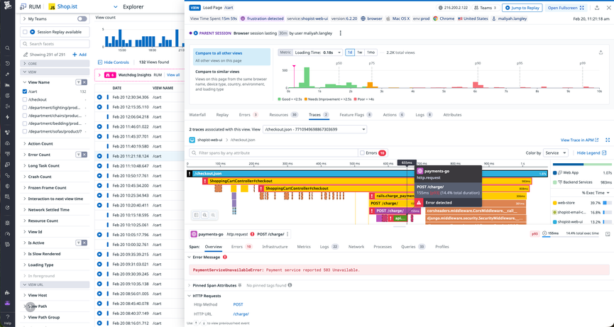 An end-to-end trace from a single user session that includes a breakdown of frontend and backend latency.