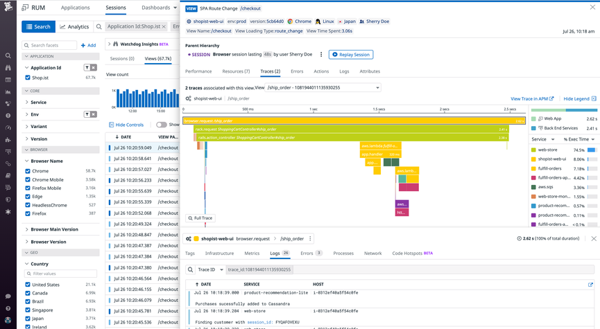 An end-to-end trace from a single user session that includes a breakdown of frontend and backend latency.