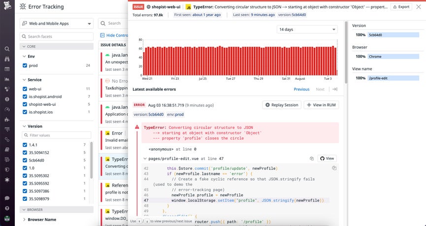 View error details with Datadog Error Tracking.