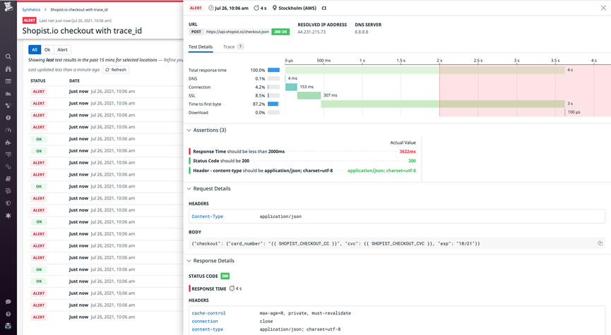 View detailed breakdowns of Synthetic test results.