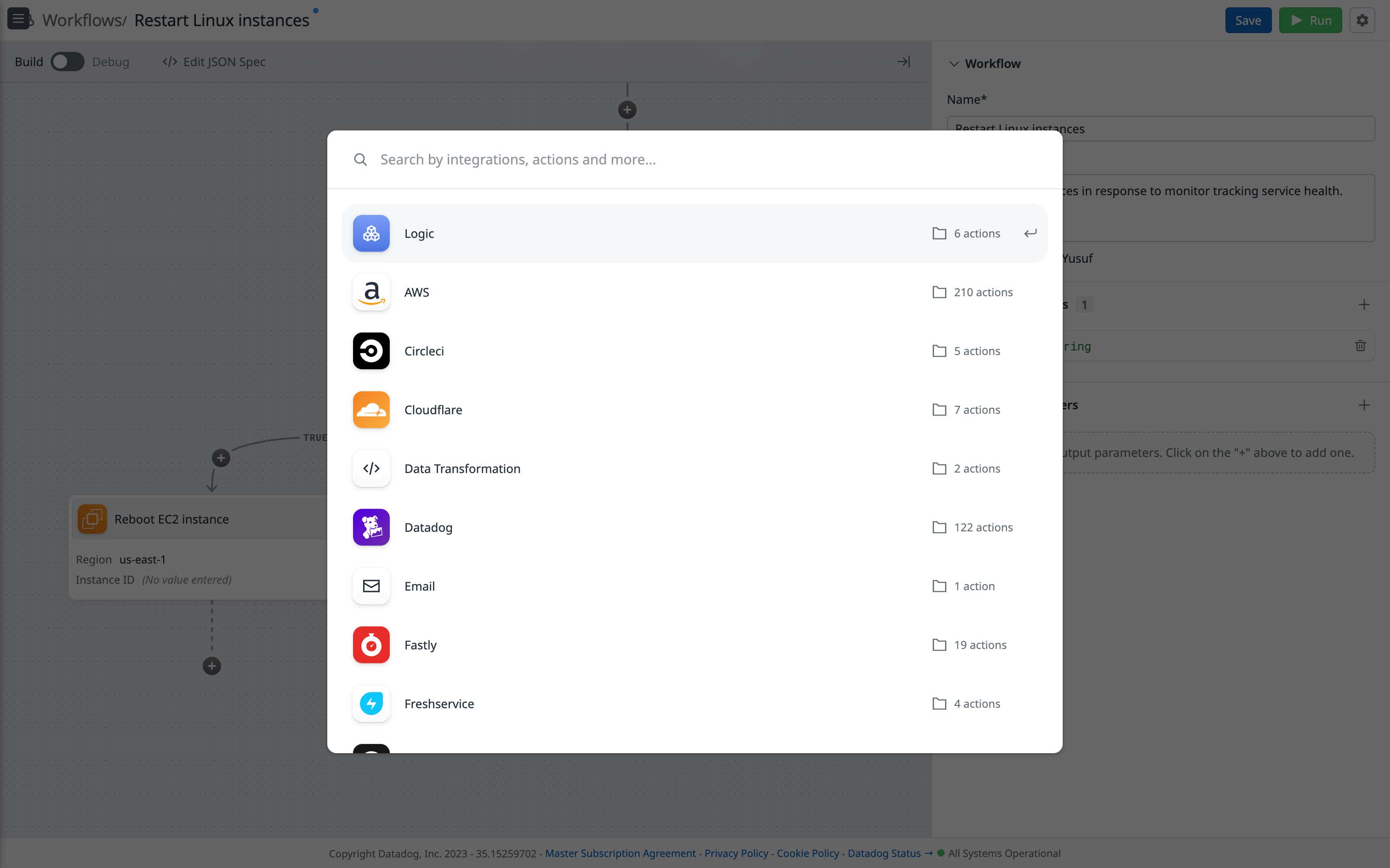 ワークフローのステップは、カタログからAWSアクションを選択することで追加され、設定されます