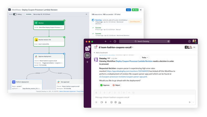 Automatically trigger remediation actions One screen shows a monitor in alert state, and another one showing a workflow execution in progress